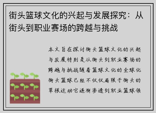 街头篮球文化的兴起与发展探究：从街头到职业赛场的跨越与挑战