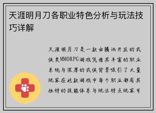 天涯明月刀各职业特色分析与玩法技巧详解